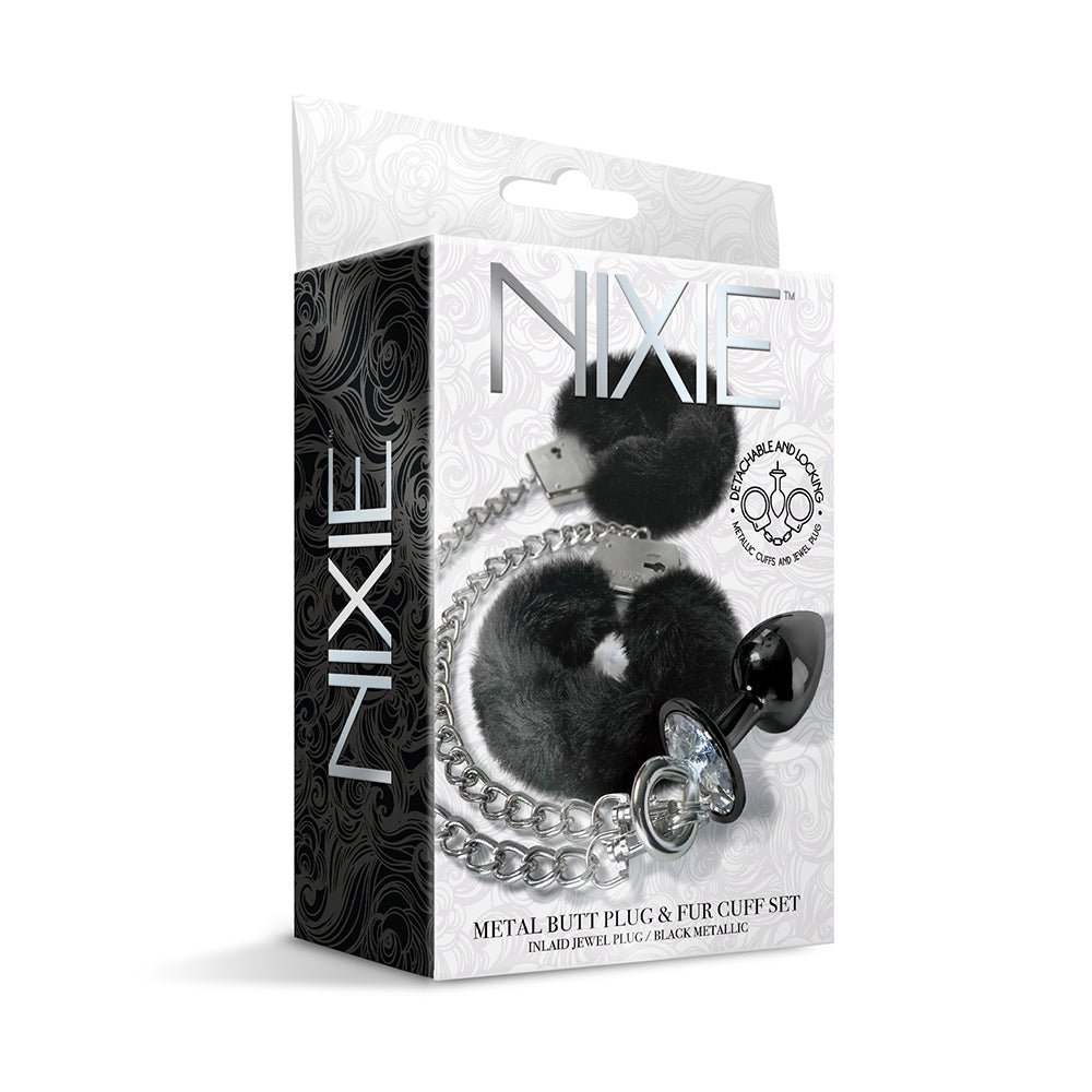 NIXIE Metal Butt Plug & Furry Handcuff Set Medium Black - Image 6