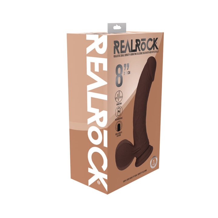 Realrock Realistic Dual Density Vibrating Silicone Dildo with Weighted Balls 8 in. Brown