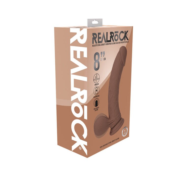 Realrock Realistic Dual Density Vibrating Silicone Dildo with Weighted Balls 8 in. Tan