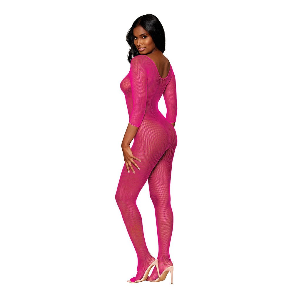 Dreamgirl Three-Quarter Sleeve Fishnet Bodystocking Open-Crotch Neon Pink O/S - Image 2