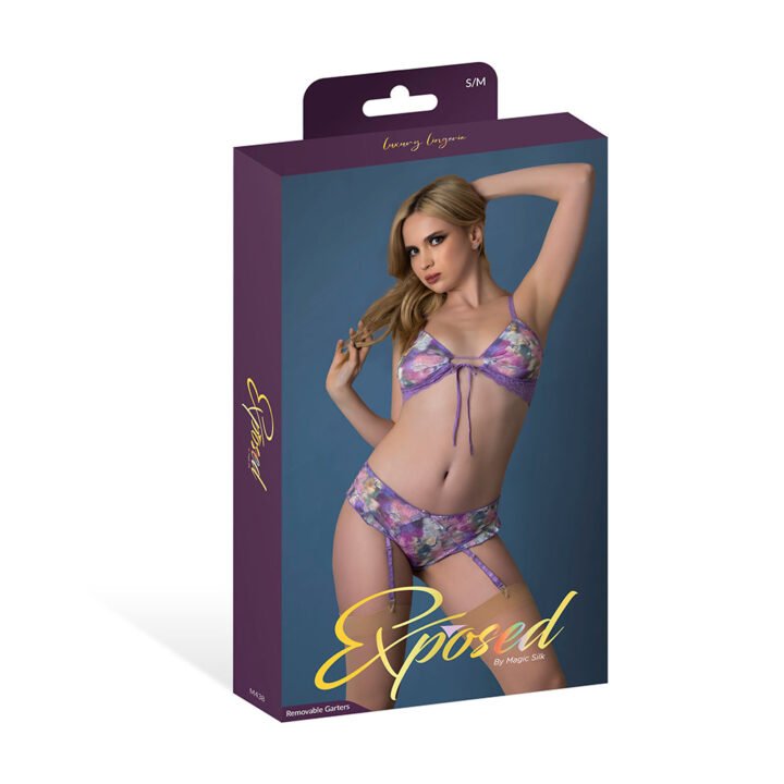 Magic Silk Wisteria Mist Bralette & Panty with Removable Garters Floral S/M