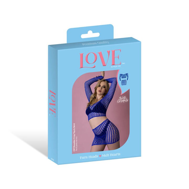 Magic Silk Seamless Off Shoulder Crop Top & Skirt Blue O/S