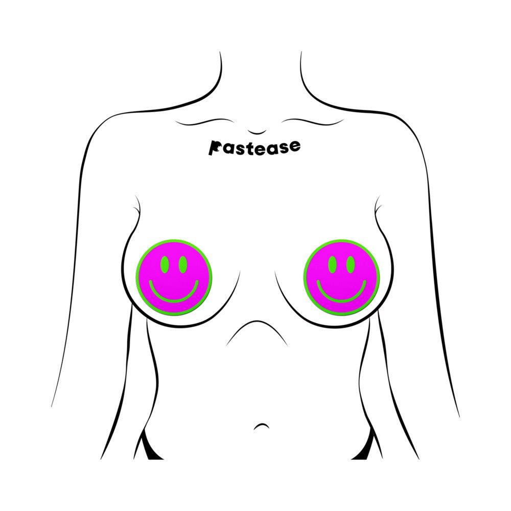 Pastease Neon Green Glow-in-the-Dark Pink Smiley Face Breast Pasties - Image 2