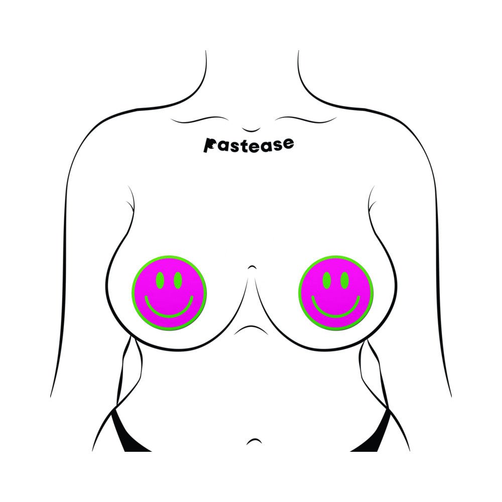 Pastease Neon Green Glow-in-the-Dark Pink Smiley Face Breast Pasties - Image 3