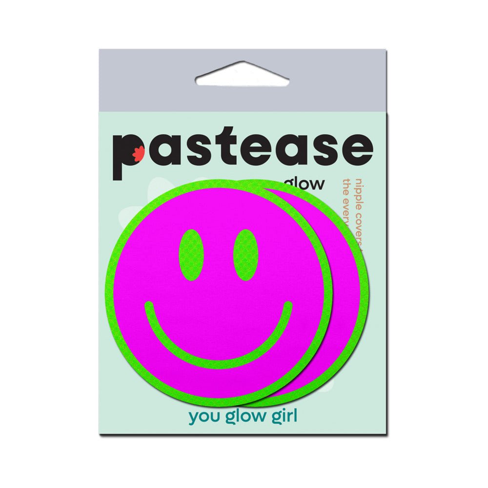 Pastease Neon Green Glow-in-the-Dark Pink Smiley Face Breast Pasties - Image 4