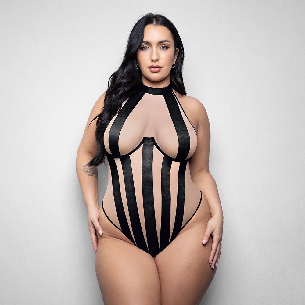Fantasy Lingerie Elusive Verena High Neck Teddy with Stripe Detail 3XL/4XL