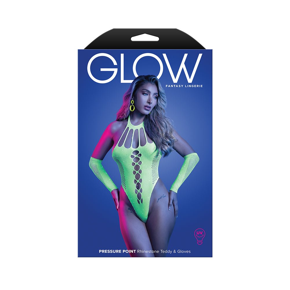 Fantasy Lingerie Glow Pressure Point UV Rhinestone Knit Teddy & Matching Gloves O/S