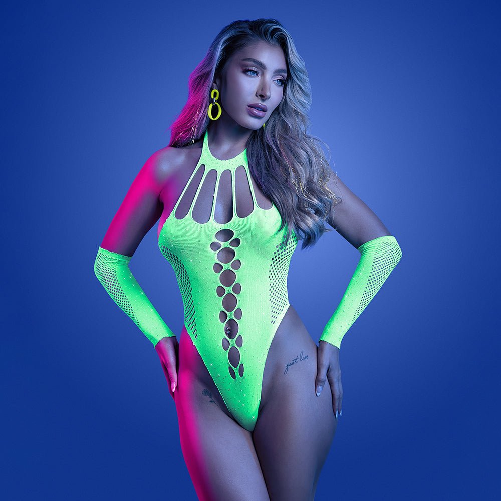 Fantasy Lingerie Glow Pressure Point UV Rhinestone Knit Teddy & Matching Gloves O/S - Image 2