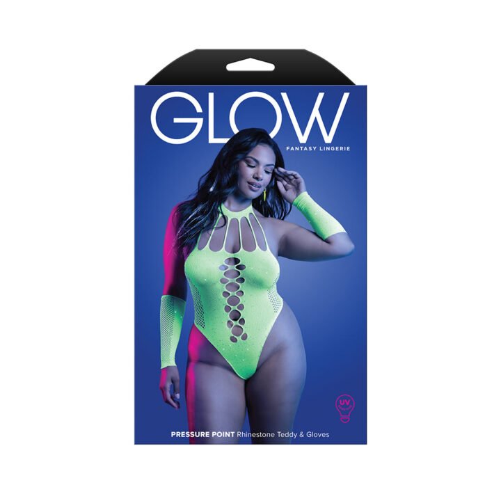 Fantasy Lingerie Glow Pressure Point UV Rhinestone Knit Teddy & Matching Gloves Queen Size