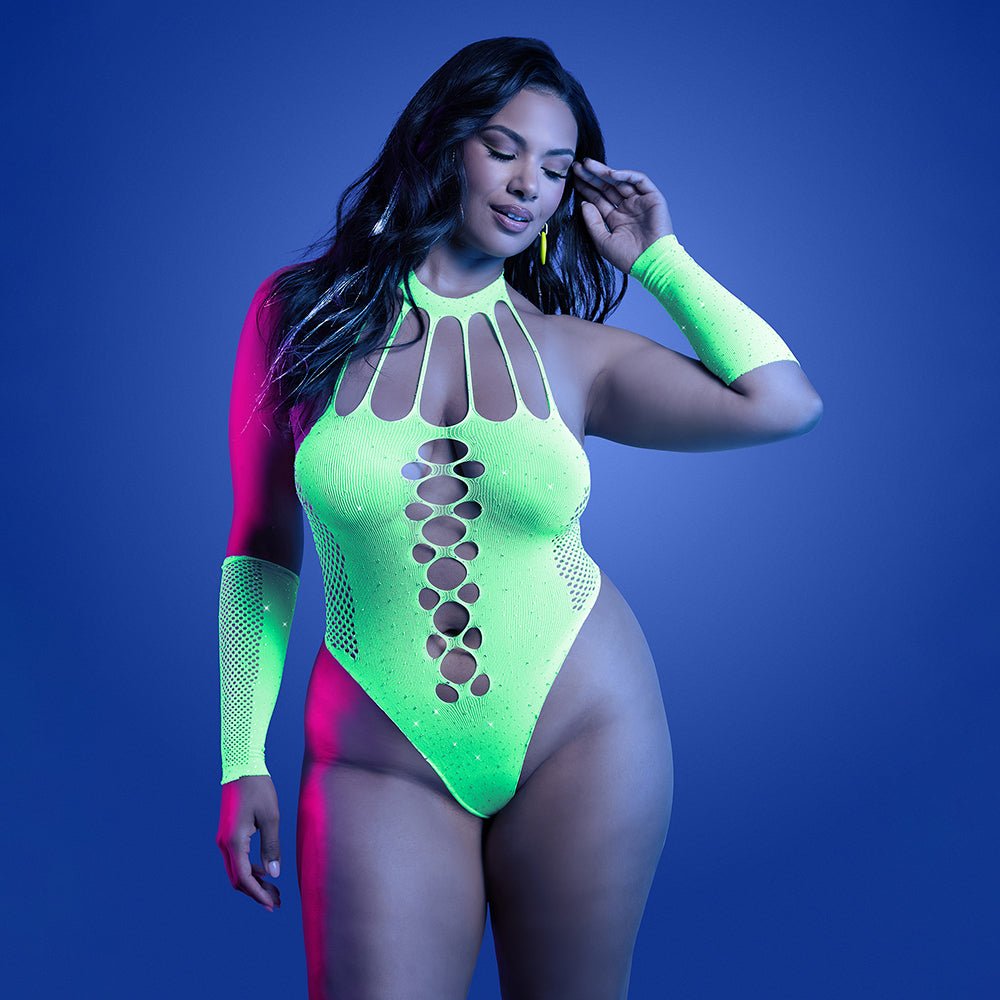 Fantasy Lingerie Glow Pressure Point UV Rhinestone Knit Teddy & Matching Gloves Queen Size - Image 2
