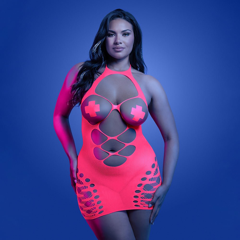 Fantasy Lingerie Glow Aphrodisiac UV Open Bodice Halter Dress & Pasties Queen Size - Image 2
