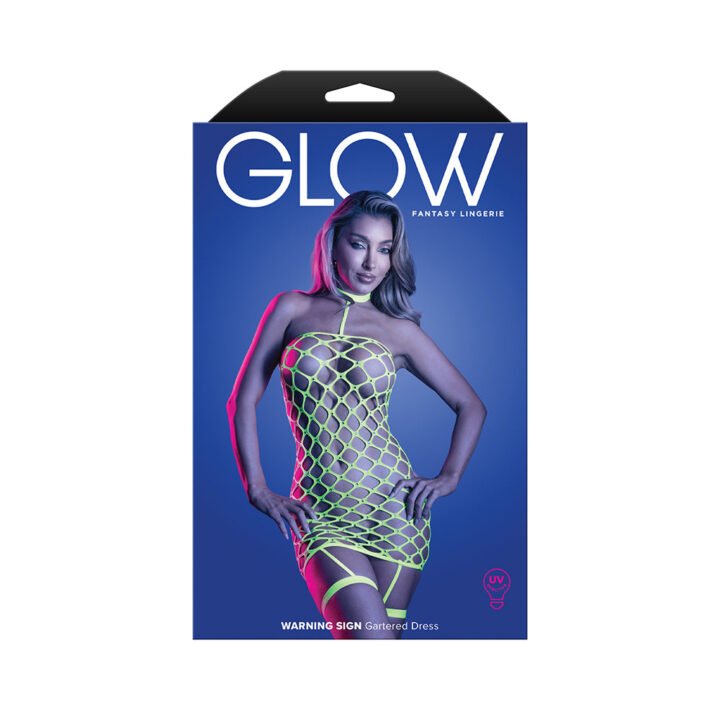 Fantasy Lingerie Glow Warning Sign Gartered Dress Rhinestone Fence Net O/S
