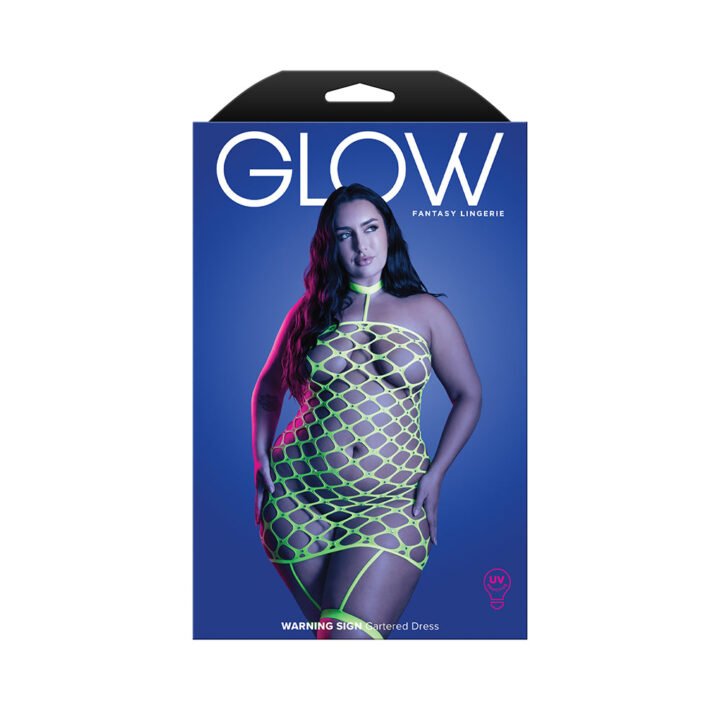 Fantasy Lingerie Glow Warning Sign Gartered Dress Rhinestone Fence Net Queen Size