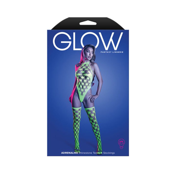Fantasy Lingerie Glow Adrenaline Halter Teddy & Stockings in Rhinestone Fishnet O/S