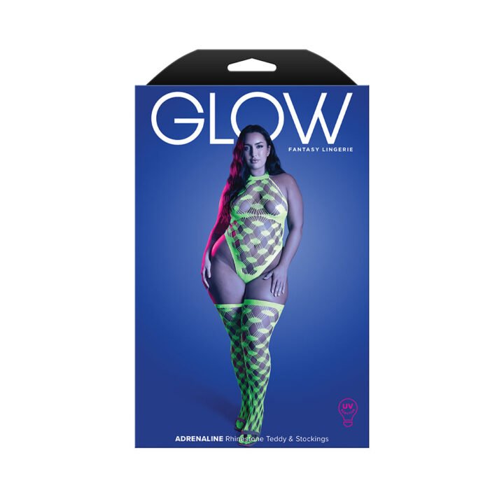 Fantasy Lingerie Glow Adrenaline Halter Teddy & Stockings in Rhinestone Fishnet Queen Size