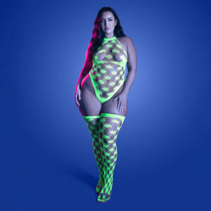 Alternative view of Fantasy Lingerie Glow Adrenaline Halter Teddy & Stockings in Rhinestone Fishnet Queen Size