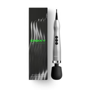 Doxy Die Cast Max plug-in massager in silver with black head, shown next to branded box
