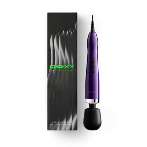 Doxy Die Cast Max plug-in massager in metallic purple with black head, shown next to branded box