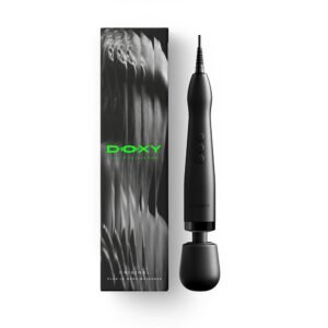 Black Doxy Original massager wand with three control buttons, shown next to branded packaging