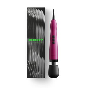 Doxy Original Massager Wand in pink with three black control buttons, shown next to branded packaging