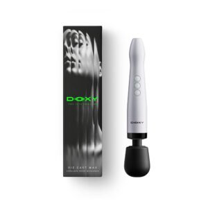 White Doxy Die Cast Max cordless wand with three buttons, next to branded box
