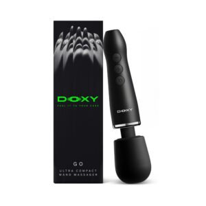 Black Doxy Go travel-sized wand massager with three control buttons, shown next to branded packaging