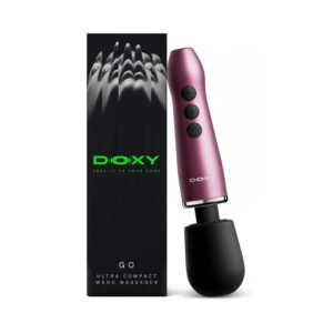 Doxy Go travel-sized wand massager in metallic pink with black head, shown next to branded packaging