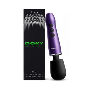 Purple Doxy Go travel-sized wand massager with black head and control buttons, shown next to branded packaging