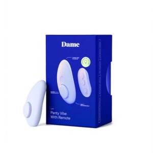 Dame Lay Panty Vibrator with Remote Control in white next to its blue branded packaging