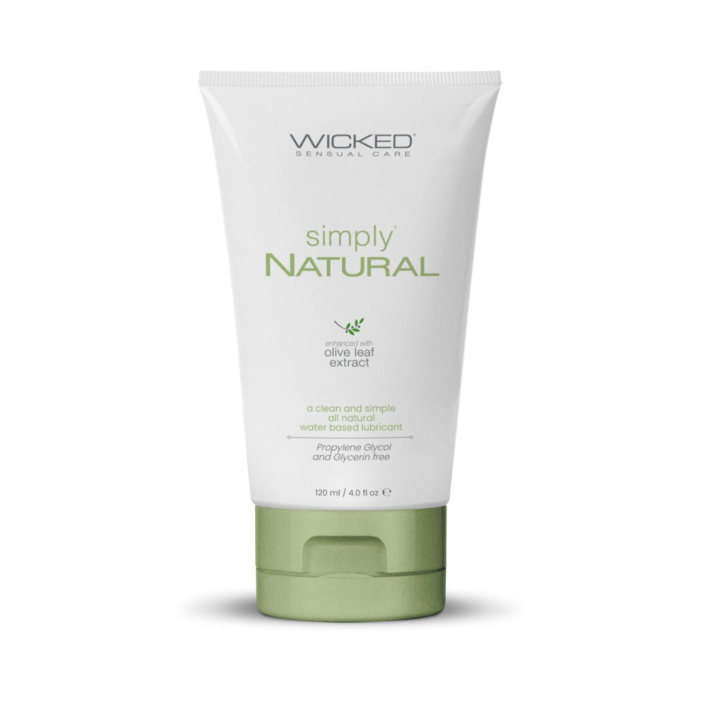 Wicked Simply Natural Aqua tube with green cap and olive leaf extract label, 4 oz